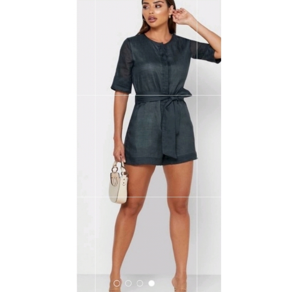 New Banana Republic Slate Blue Classic Short Sleeve Belted Romper Size 12P